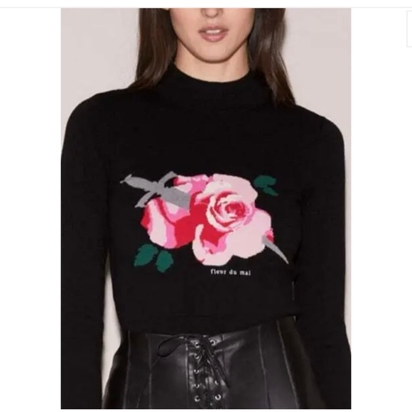 Fleur Du Mal Black Rose / Dagger Cropped Women's Knit Top Size M - Picture 2 of 7